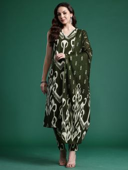 Indo Era - Women Green Printed Straight Kurta with Pant and Dupatta