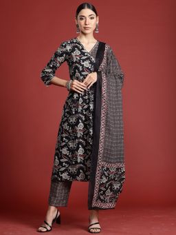 Indo Era - Women Black Floral Printed A-Line Kurta with Pant and Dupatta