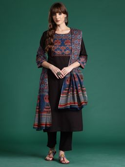 Indo Era - Women Black Printed Straight Kurta with Pant and Dupatta