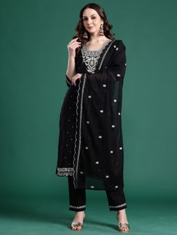 Indo Era - Women Black Embroidered Straight Kurta with Pant and Dupatta