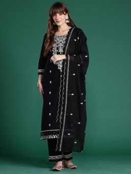 Indo Era - Women Black Embroidered Straight Kurta with Pant and Dupatta