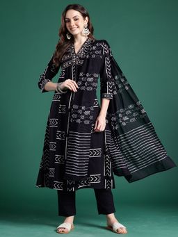 Indo Era - Women Black Printed A-Line Kurta with Pant and Dupatta