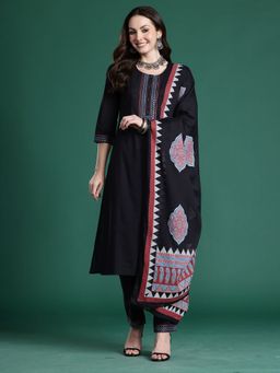Indo Era - Women Black Embroidered Printed Kurta with Pant and Dupatta