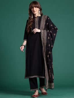 Indo Era - Women Black Embroidered Kurta with Pant and Dupatta