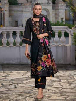 Indo Era - Women Black Floral Embroidered Kurta with Pant and Dupatta