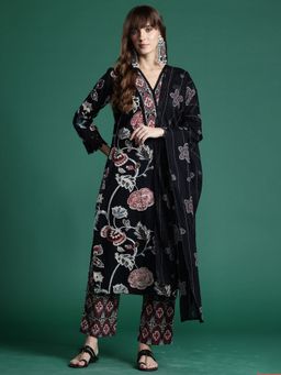 Indo Era - Women Black Floral Printed Straight Kurta with Pant and Dupatta