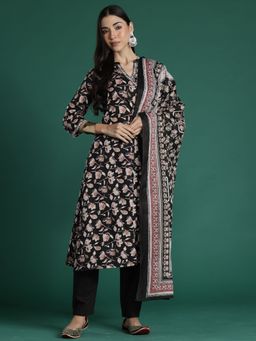 Indo Era - Women Black Floral Printed A-Line Kurta with Pant and Dupatta