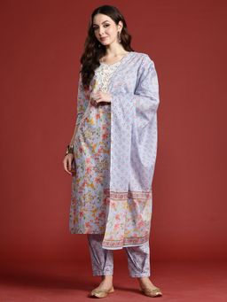 Indo Era - Women Blue Floral Printed Straight Kurta with Salwar and Dupatta