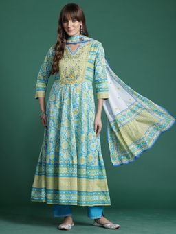 Indo Era - Women Multi-Color Floral Embroidered Anarkali Kurta with Pant and Dupatta