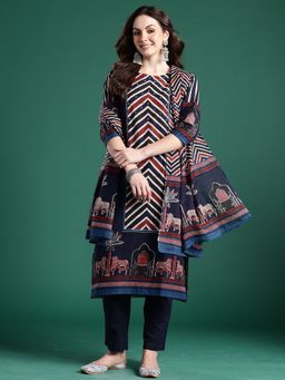 Indo Era - Women Navy Blue Printed Straight Kurta with Pant and Dupatta
