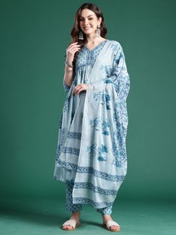 Indo Era - Women Blue Floral Printed A-Line Kurta with Pant and Dupatta