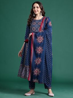 Indo Era - Women Blue Printed Anarkali Kurta with Pant and Dupatta