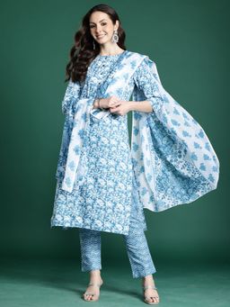 Indo Era - Women Blue Floral Printed Straight Kurta with Pant and Dupatta