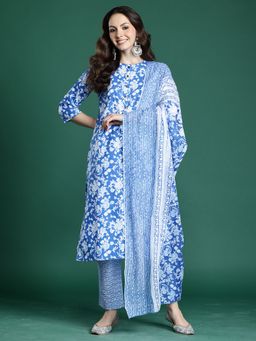 Indo Era - Women Blue Floral Printed Straight Kurta with Pant and Dupatta