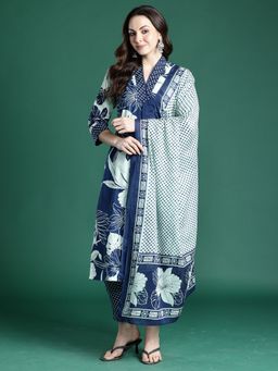 Indo Era - Women Navy Blue Printed A-Line Kurta with Pant and Dupatta