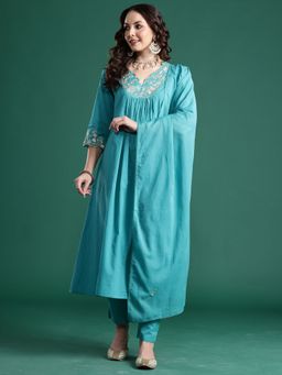 Indo Era - Women Blue Embroidered A-Line Kurta with Pant and Dupatta