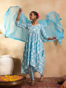 Indo Era - Women Blue Floral Printed A-Line Kurta with Pant and Dupatta