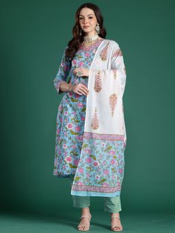 Indo Era - Women Blue Floral Printed Kurta with Pant and Dupatta