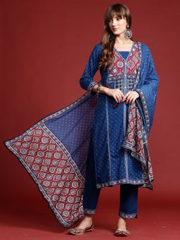 Indo Era - Women Blue Polka Dot Printed Kurta with Pant and Dupatta