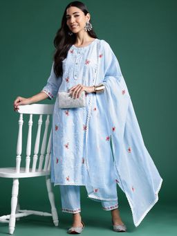 Indo Era - Women Blue Embroidered Straight Kurta with Pant and Dupatta