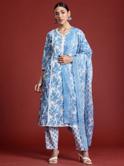 Indo Era - Women Blue Floral Printed Straight Kurta with Pant and Dupatta