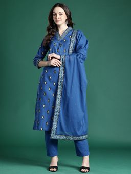 Indo Era - Women Blue Printed A-Line Kurta with Pant and Dupatta