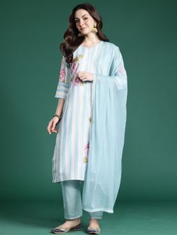 Indo Era - Women Blue Floral Printed Straight Kurta with Pant and Dupatta