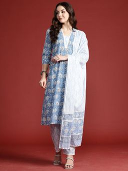 Indo Era - Women Blue Floral Printed Kurta with Pant and Dupatta