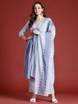 Indo Era - Women Blue Printed A-Line Kurta with Pant and Dupatta