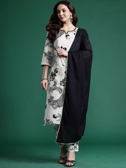 Indo Era - Women Cream Floral Printed Kurta with Pant and Dupatta