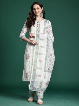 Indo Era - Women Off White Floral Straight Kurta with Pant and Dupatta
