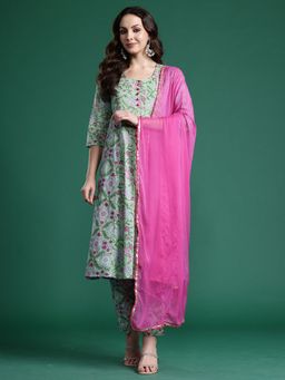 Indo Era - Women Green Floral Printed A-Line Kurta with Pant and Dupatta