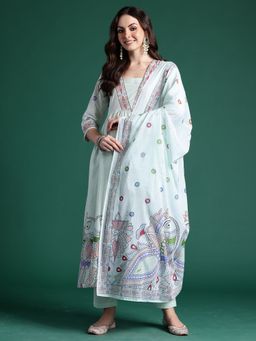 Indo Era - Women Blue Floral Printed Flared Kurta with Pant and Dupatta