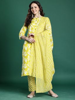 Indo Era - Women Green Floral Printed Straight Kurta with Pant and Dupatta