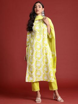 Indo Era - Women Green Floral Printed Straight Kurta with Pant and Dupatta