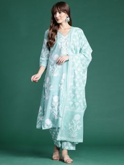Indo Era - Women Sea Green Floral Printed Kurta with Pant and Dupatta