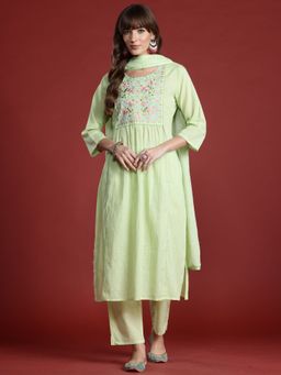 Indo Era - Women Green Floral Embroidered Kurta with Pant and Dupatta