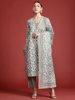 Indo Era - Women Grey Floral Printed Straight Kurta with Pant and Dupatta