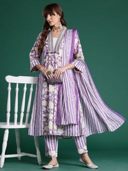 Indo Era - Women Lavender Floral Mirror Work Kurta with Pant and Dupatta