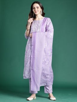 Indo Era - Women Lavender Floral Mirror Work Kurta with Pant and Dupatta
