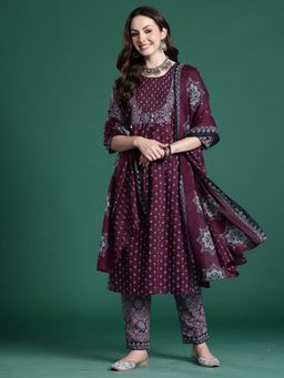 Indo Era - Women Wine Printed Kurta with Pant and Dupatta