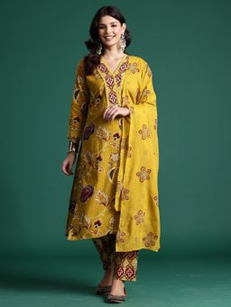 Indo Era - Women Mustard Floral Printed Straight Kurta with Pant and Dupatta
