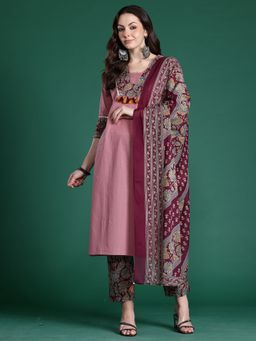 Indo Era - Women Mauve Floral Sequined Work Kurta with Pant and Dupatta