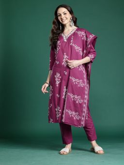 Indo Era - Women Purple Floral Printed Straight Kurta with Pant and Dupatta