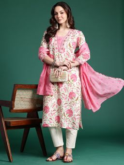 Indo Era - Women Off White-Pink Printed Kurta with Pant and Dupatta