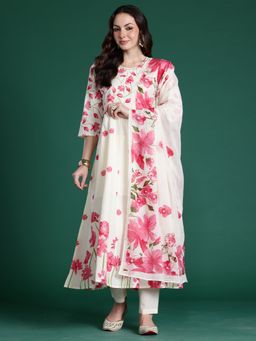 Indo Era - Women Off White Floral Printed Flared Kurta with Pant and Dupatta