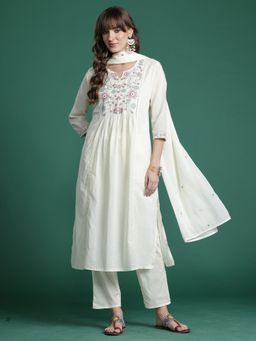 Indo Era - Women Off White Floral Embroidered Kurta with Pant and Dupatta