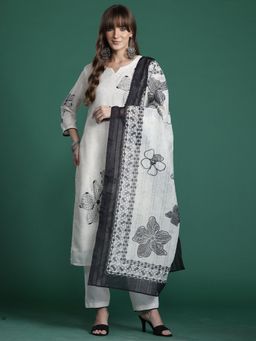 Indo Era - Women White Floral Embroidered Kurta with Pant and Dupatta