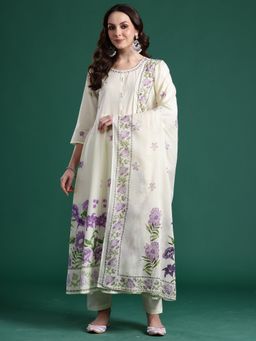 Indo Era - Women Off White Floral Printed Anarkali Kurta with Pant and Dupatta