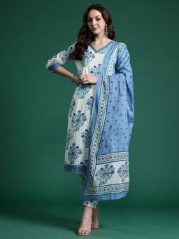 Indo Era - Women Off White-Blue Floral Printed Kurta with Pant and Dupatta